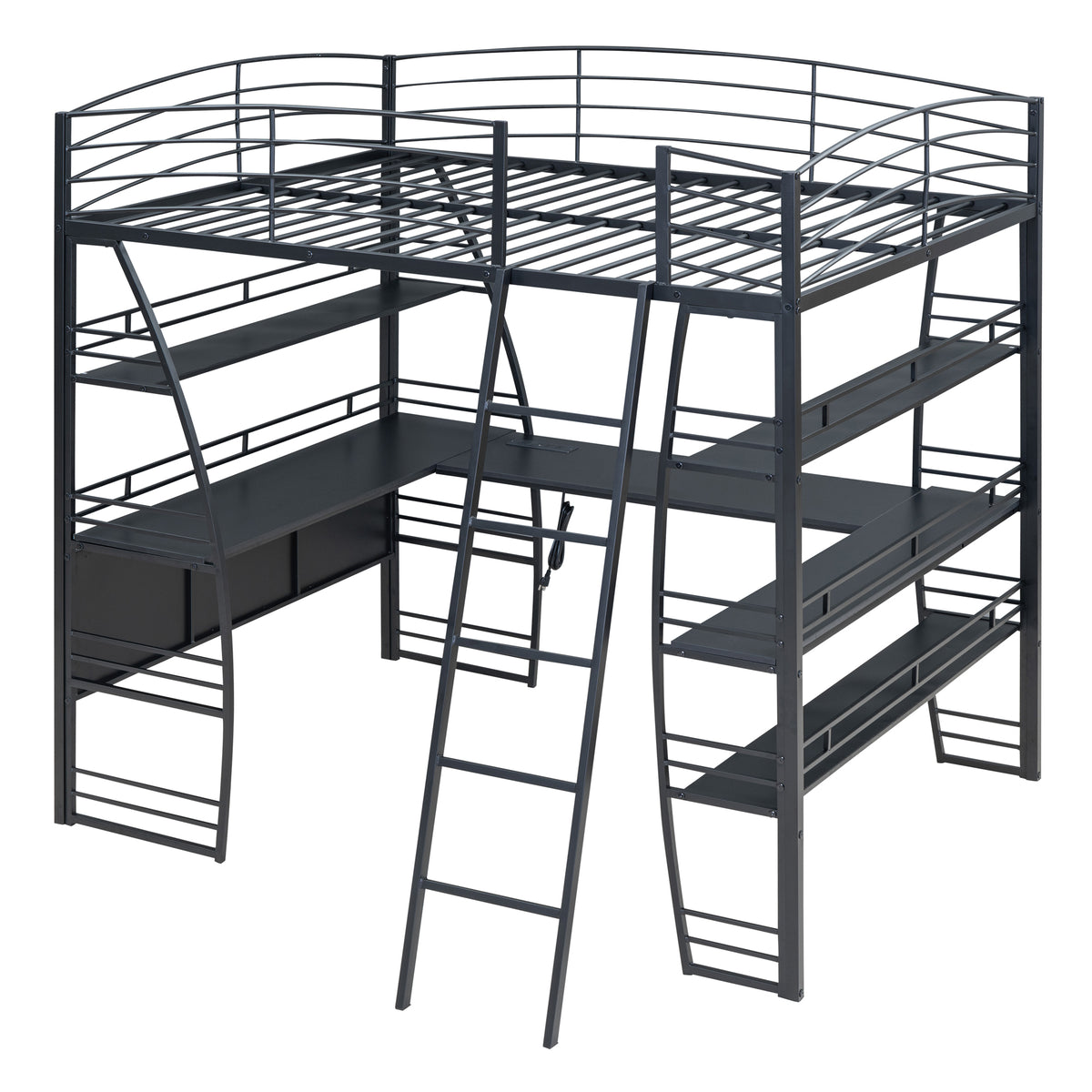 Full Size Loft Bed With 4 Layers Of Shelves And L Shaped Desk, Stylish Metal Frame Bed With A Set Of Sockets, Usb Ports And Wireless Charging, Black Black Metal