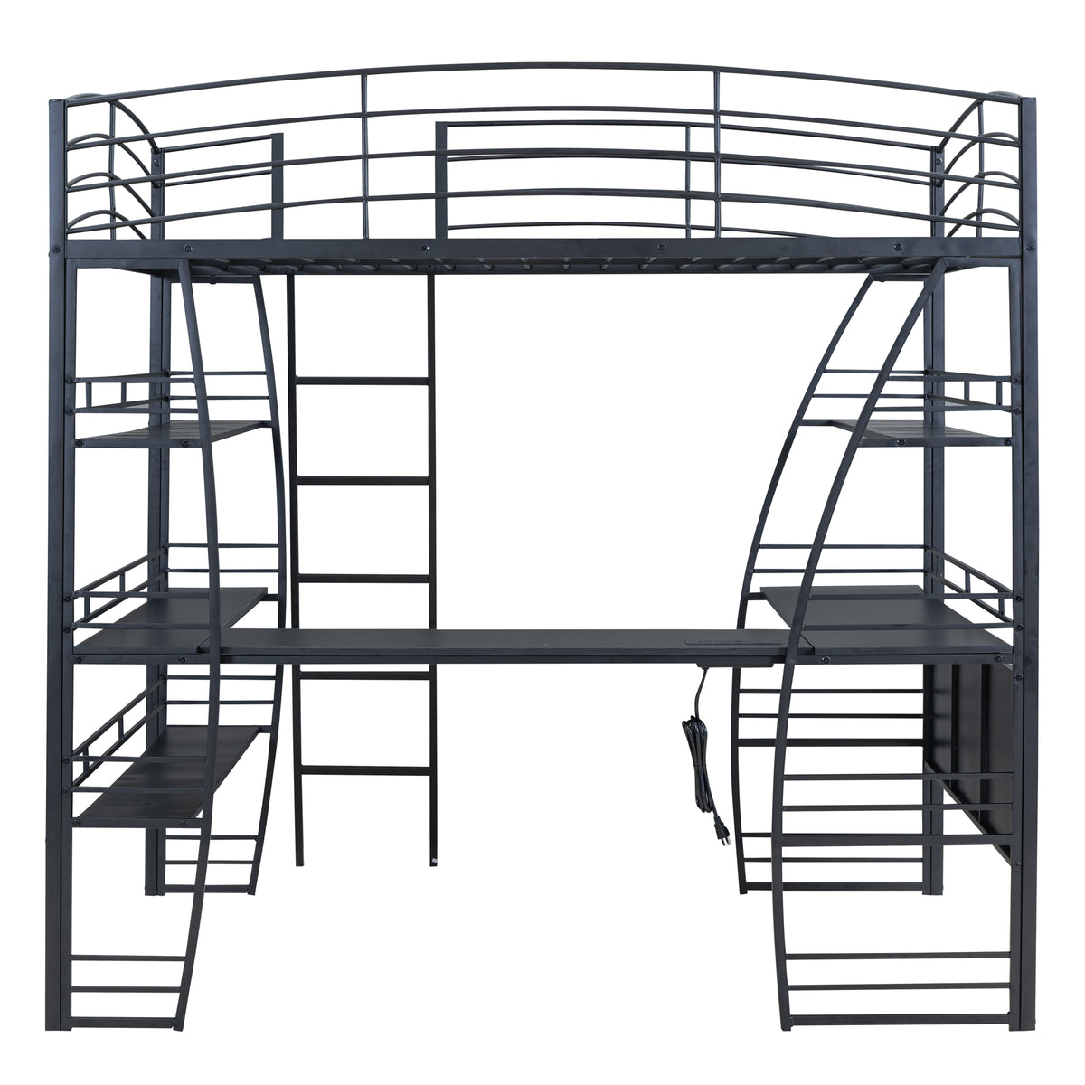 Full Size Loft Bed With 4 Layers Of Shelves And L Shaped Desk, Stylish Metal Frame Bed With A Set Of Sockets, Usb Ports And Wireless Charging, Black Black Metal