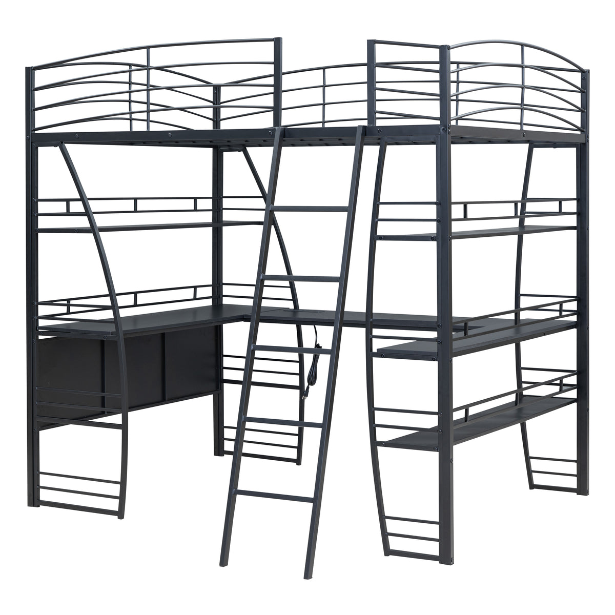 Full Size Loft Bed With 4 Layers Of Shelves And L Shaped Desk, Stylish Metal Frame Bed With A Set Of Sockets, Usb Ports And Wireless Charging, Black Black Metal