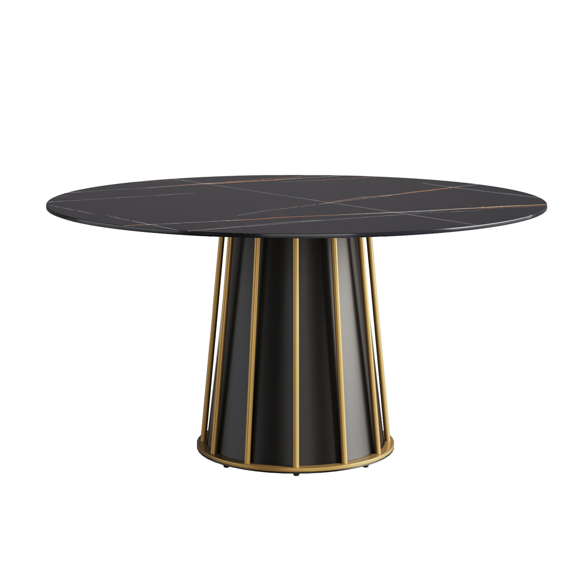 59.05"Modern Artificial Stone Round Black Metal Iron Base Dining Table Can Accommodate 8 People. Not Including Chairs Black Dining Room Metal Sintered Stone