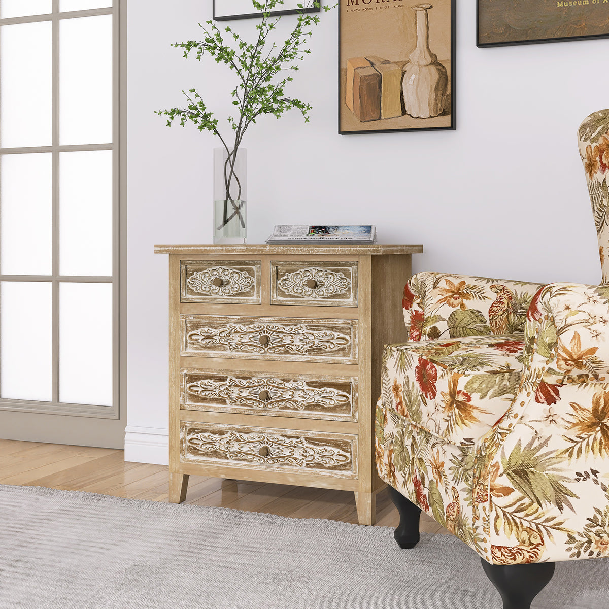 Hand Carved Accent Drawer With 5 Drawers Traditional Craftsman And Functionality Combined Antique Brown Wood
