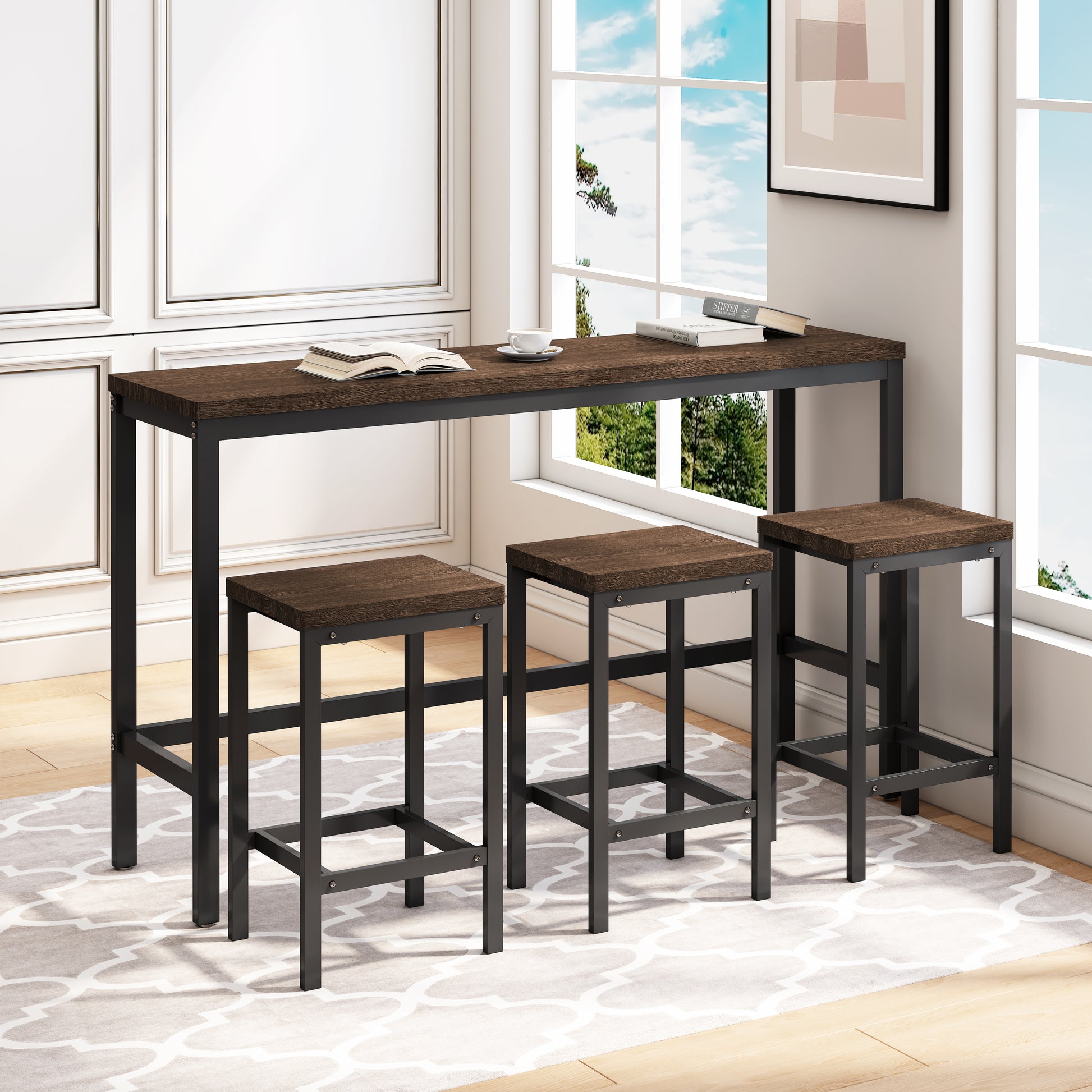Modern Design Kitchen Dining Table,Pub Table,Long Dining Table Set With 3 Stools,Easy Assembly,Dark Brown Dark Brown Mdf