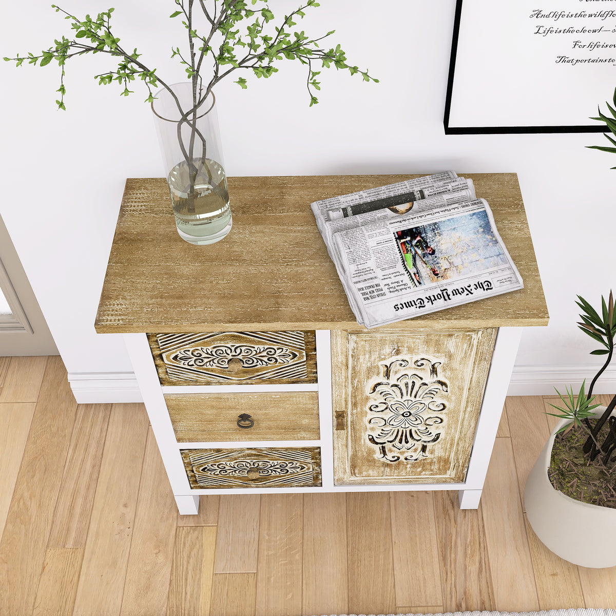 Hand Carved Accent Cabinet With Vintage Charm Versatile Storage And Distinctive Design Fully Assembled 3 4 Drawers White Washed Primary Living Space Shelves Included Wood