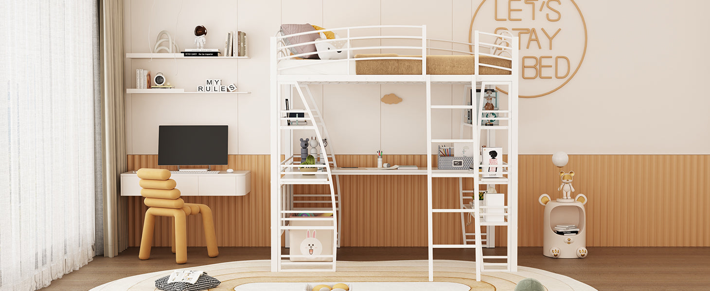 Full Size Loft Bed With 4 Layers Of Shelves And L Shaped Desk, Stylish Metal Frame Bed With A Set Of Sockets, Usb Ports And And Wireless Charging, White White Metal