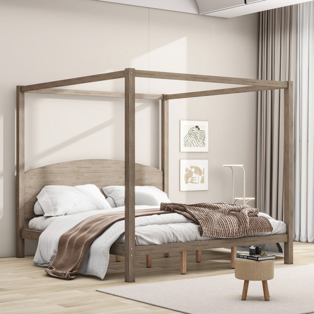 King Size Canopy Platform Bed With Headboard And Support Legs, Brown Wash Box Spring Not Required Brown Wood Pine