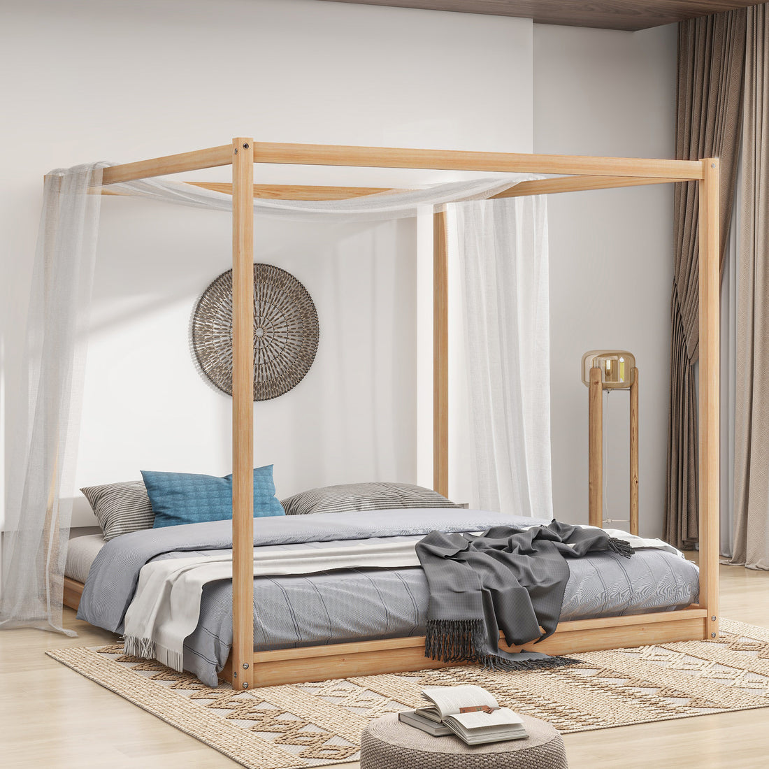 King Size Canopy Platform Bed With Support Legs, Natural Box Spring Not Required King Natural Wood Bedroom Canopy Pine