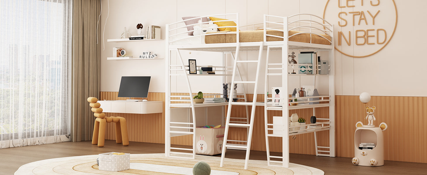 Full Size Loft Bed With 4 Layers Of Shelves And L Shaped Desk, Stylish Metal Frame Bed With A Set Of Sockets, Usb Ports And And Wireless Charging, White White Metal