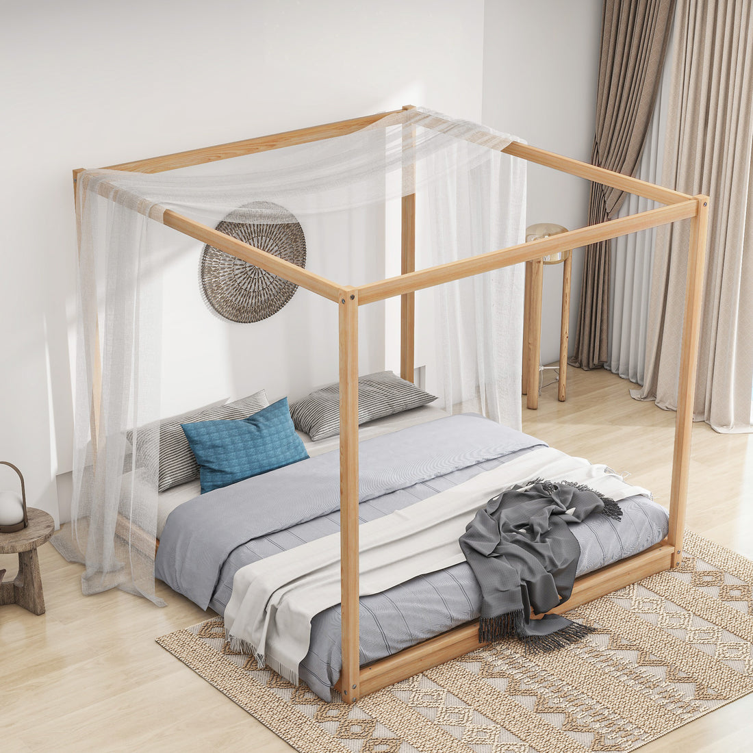 King Size Canopy Platform Bed With Support Legs, Natural Box Spring Not Required King Natural Wood Bedroom Canopy Pine