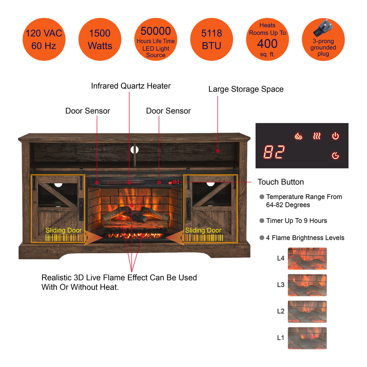 60 Inch Electric Fireplace Entertainment Center With Door Sensor Reclaimed Barnwood Color Powder Coated Electric Reclaimed Barnwood Vent Free Yes Insert Wood Stainless Steel Glass Electric