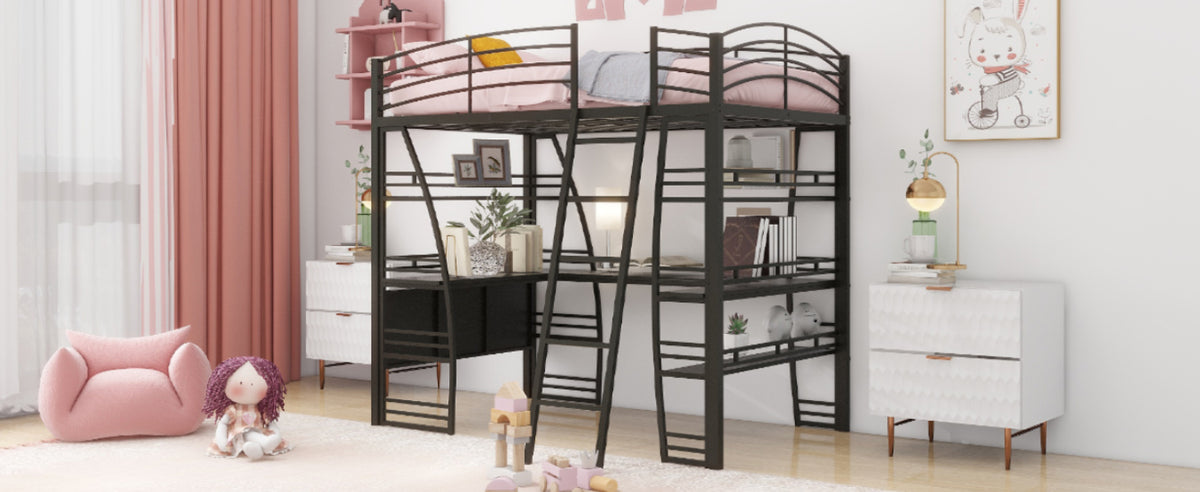 Full Size Loft Bed With 4 Layers Of Shelves And L Shaped Desk, Stylish Metal Frame Bed With A Set Of Sockets, Usb Ports And Wireless Charging, Black Black Metal