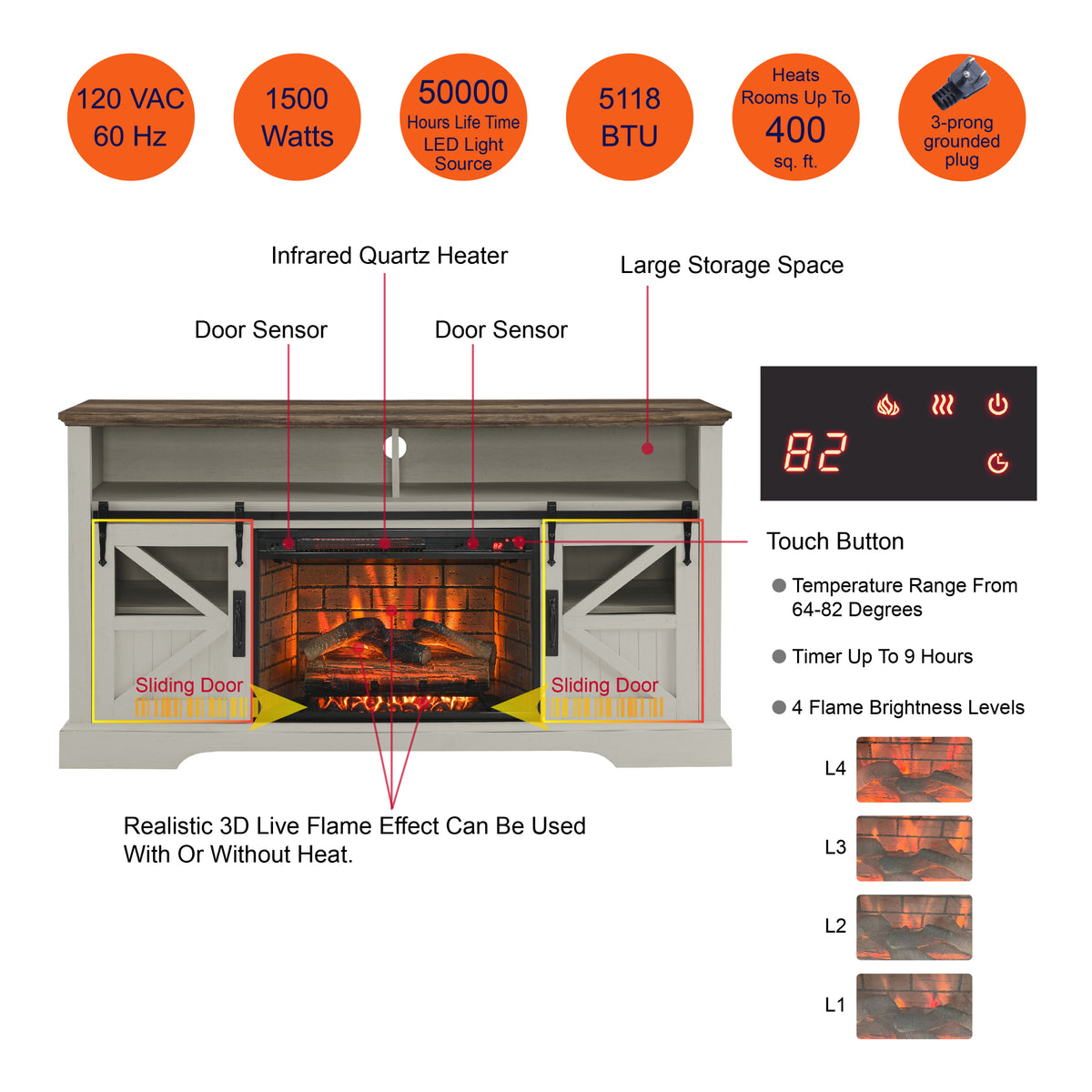 60 Inch Electric Fireplace Entertainment Center With Door Sensor Jasmine White Color Powder Coated Electric Jasmine White Vent Free Yes Insert Wood Stainless Steel Glass Electric