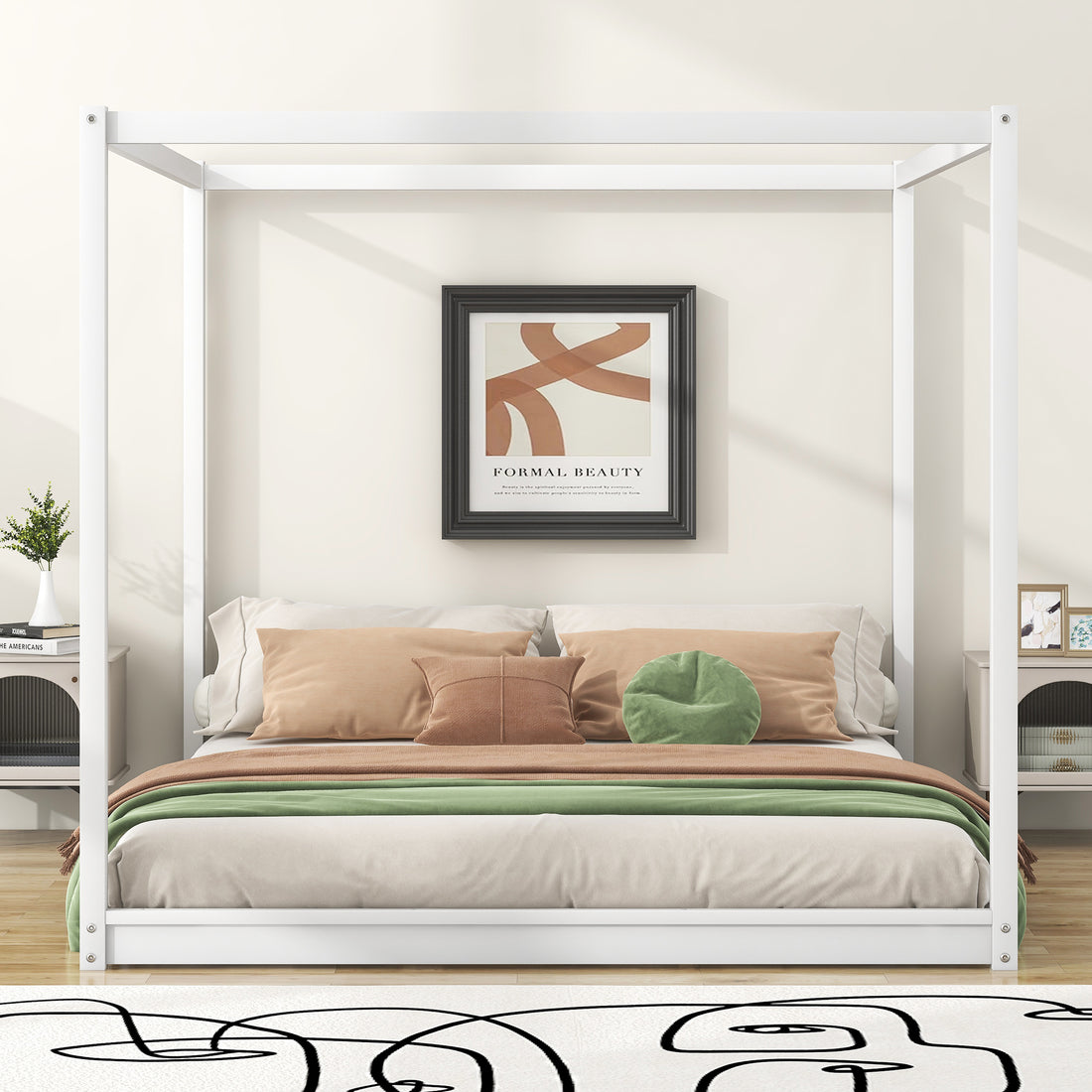 King Size Canopy Platform Bed With Support Legs,White Box Spring Not Required King White Wood Bedroom Canopy Pine