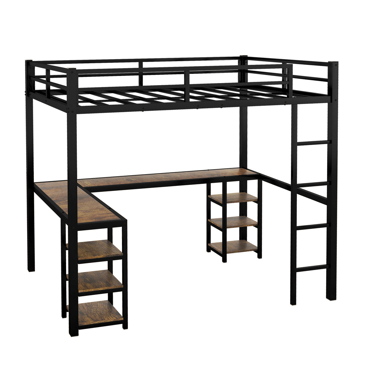 Full Metal Loft Bed With Desk And Shelves, Loft Bed With Ladder And Guardrails, Loft Bed Frame For Bedroom, Black Old Sku: W1307S00018 Full Black Metal