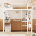 Full Size Loft Bed With 4 Layers Of Shelves And L Shaped Desk, Stylish Metal Frame Bed With A Set Of Sockets, Usb Ports And And Wireless Charging, White White Metal