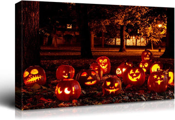 Drop Ping Framed Canvas Wall Art Decor Painting For Halloween, Jack O Lanterns Groups Painting For Halloween Gift, Decoration For Halloween Living Room, Bedroom Decor Ready To Hang Rectangle Framed