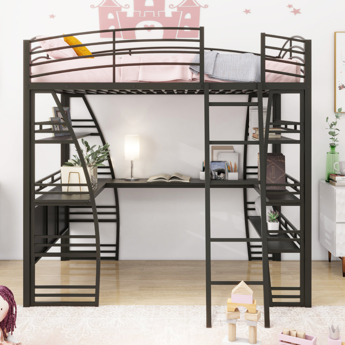Full Size Loft Bed With 4 Layers Of Shelves And L Shaped Desk, Stylish Metal Frame Bed With A Set Of Sockets, Usb Ports And Wireless Charging, Black Black Metal