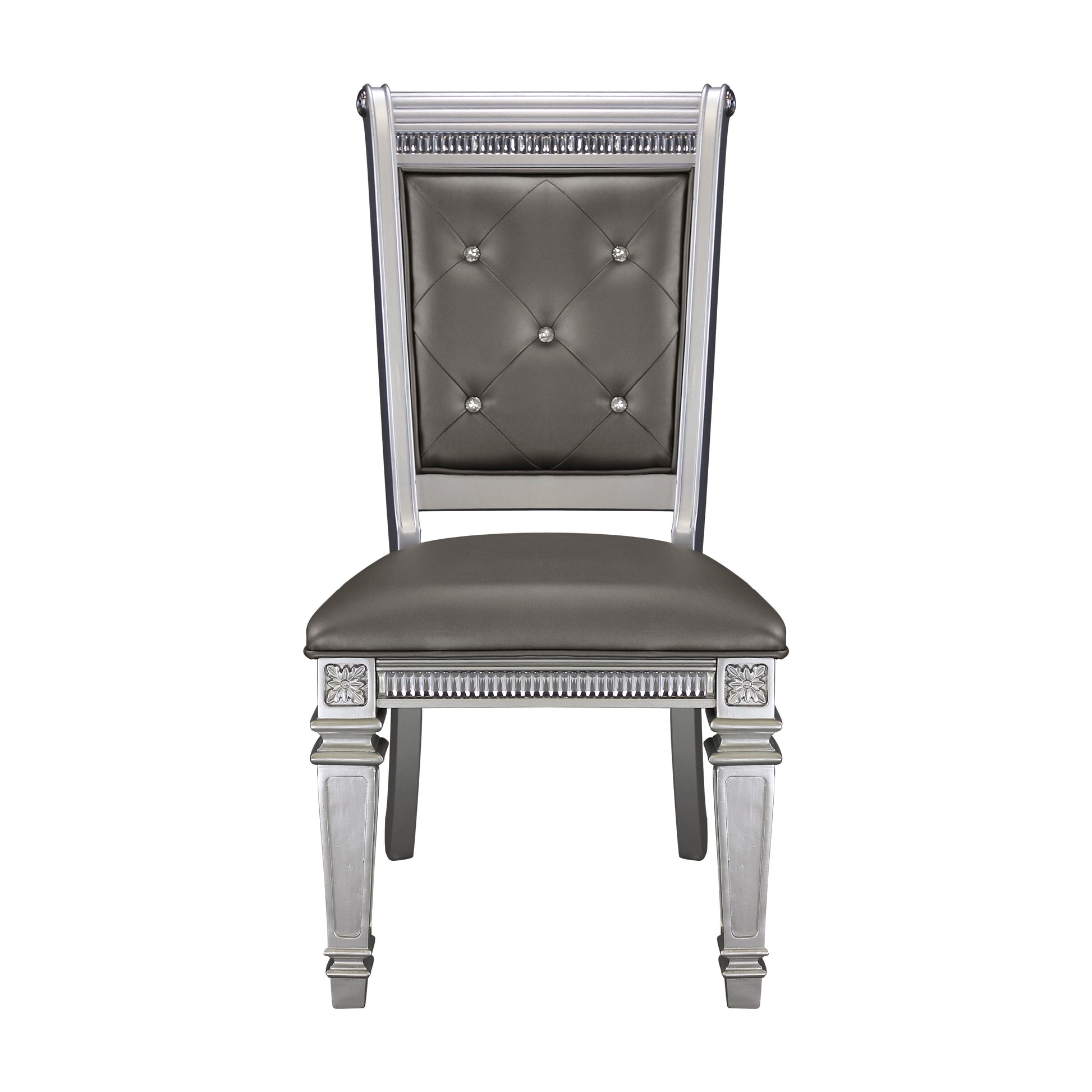 Modern Glam Silver Finish Dining Furniture Set Of 2 Side Chairs Gray Faux Leather Upholstered Wooden Dining Room Furniture Silver Dining Room Glam,Modern Side Chair Wood