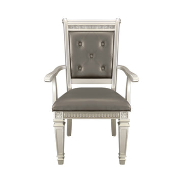 Modern Glam Silver Finish Dining Furniture Set Of 2 Armchairs Gray Faux Leather Upholstered Wooden Dining Room Furniture Silver Dining Room Glam,Modern Arm Chair Wood