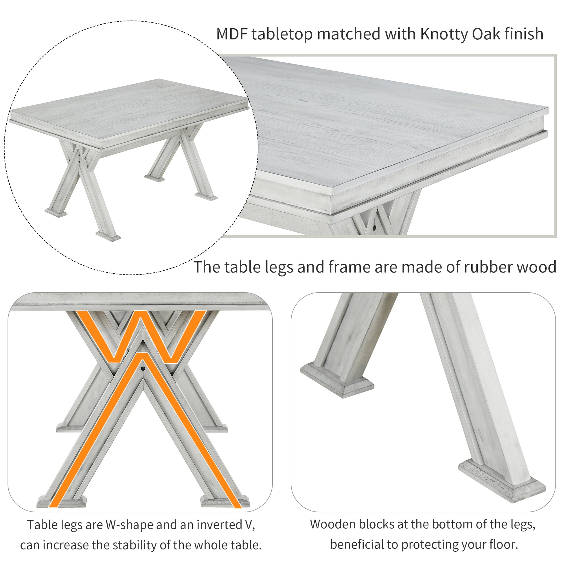 6 Piece Retro 59"L Rectangular Dining Table Set, Table With Unique Legs And 4 Upholstered Chairs & 1 Bench For Dining Room And Kitchen White Wood Dining Room Distressed Finish Rubberwood Rectangular Dining Table With Chair And Bench Upholstered Chair