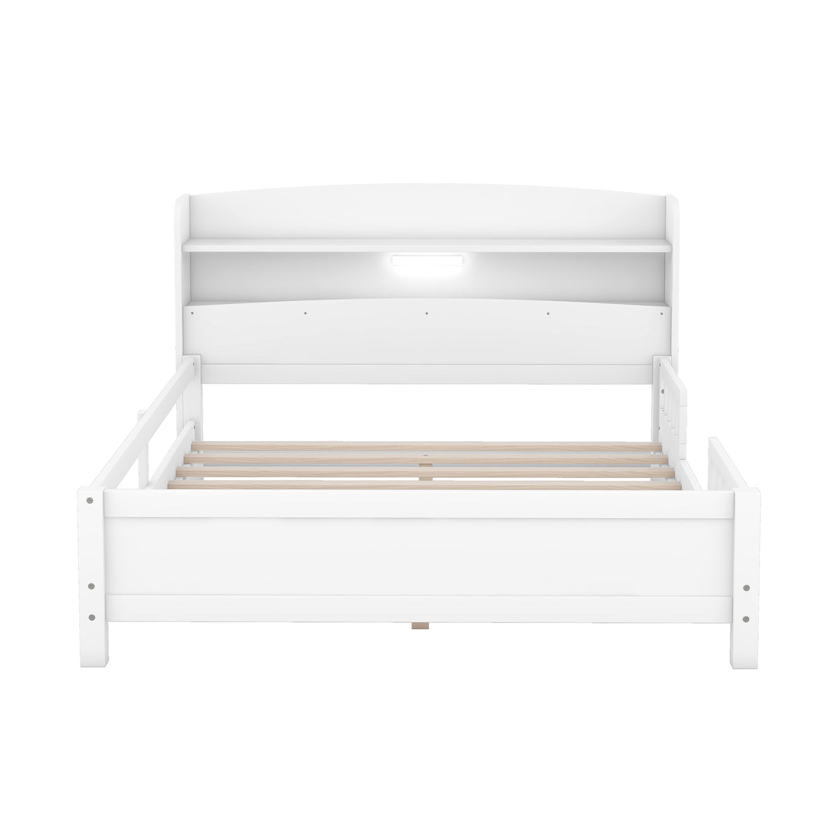 Wood Full Size Platform Bed With Built In Led Light, Storage Headboard And Guardrail, White Box Spring Not Required Full White Wood Bedroom Bed Frame Solid Wood Mdf