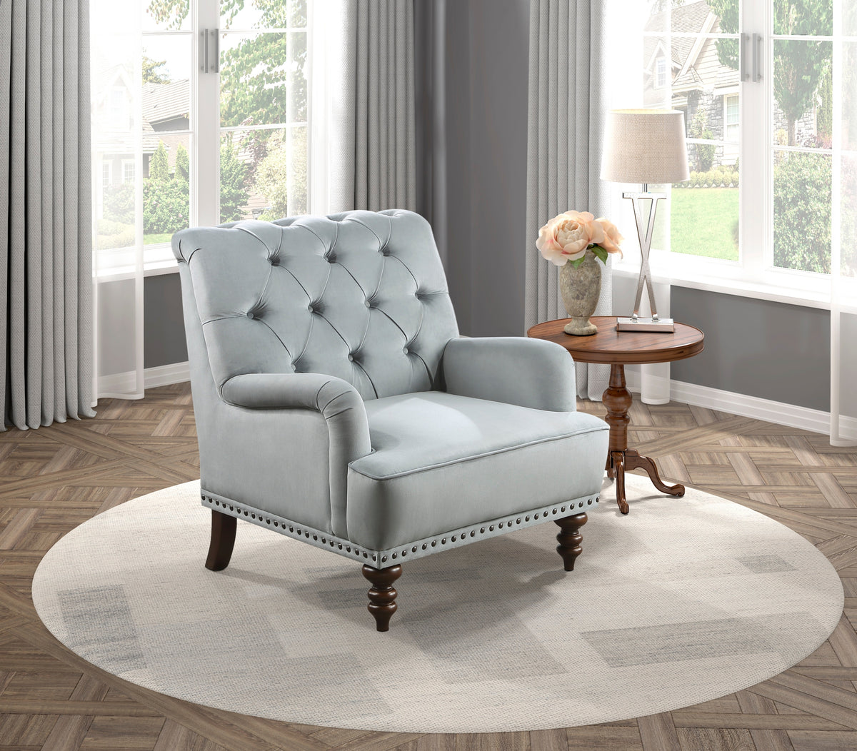 Luxurious Living Room Accent Chair 1Pc Gray Velvet Upholstered Button Tufted Trim Modern Living Room Furniture Gray Primary Living Space Classic,Luxury,Modern Solid Wood