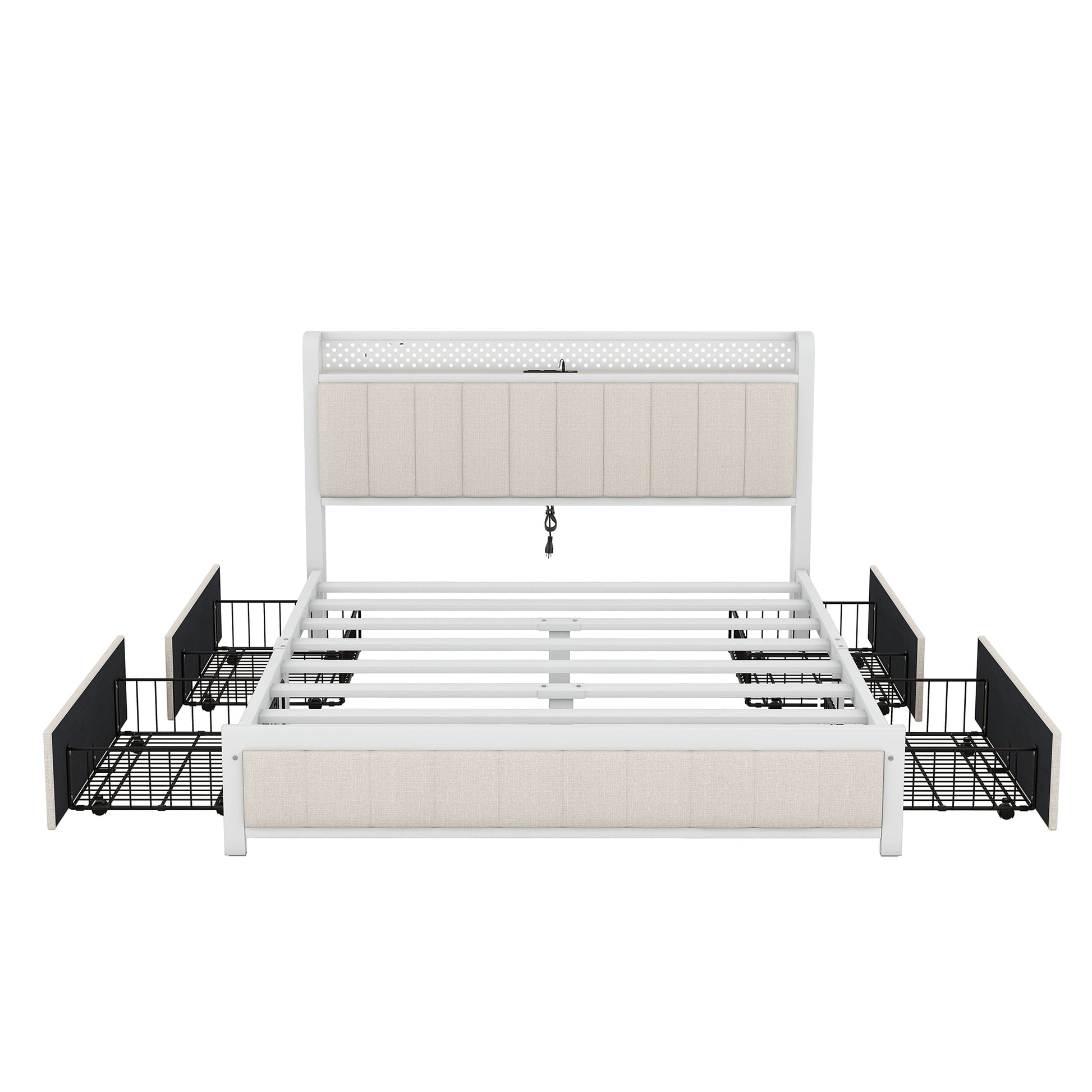 Queen Bed Frame With Led Headboard, Upholstered Bed With 4 Storage Drawers And Usb Ports, Beige Queen Beige Linen