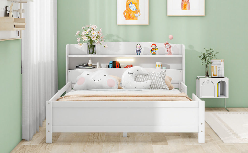 Wood Full Size Platform Bed With Built In Led Light, Storage Headboard And Guardrail, White Box Spring Not Required Full White Wood Bedroom Bed Frame Solid Wood Mdf