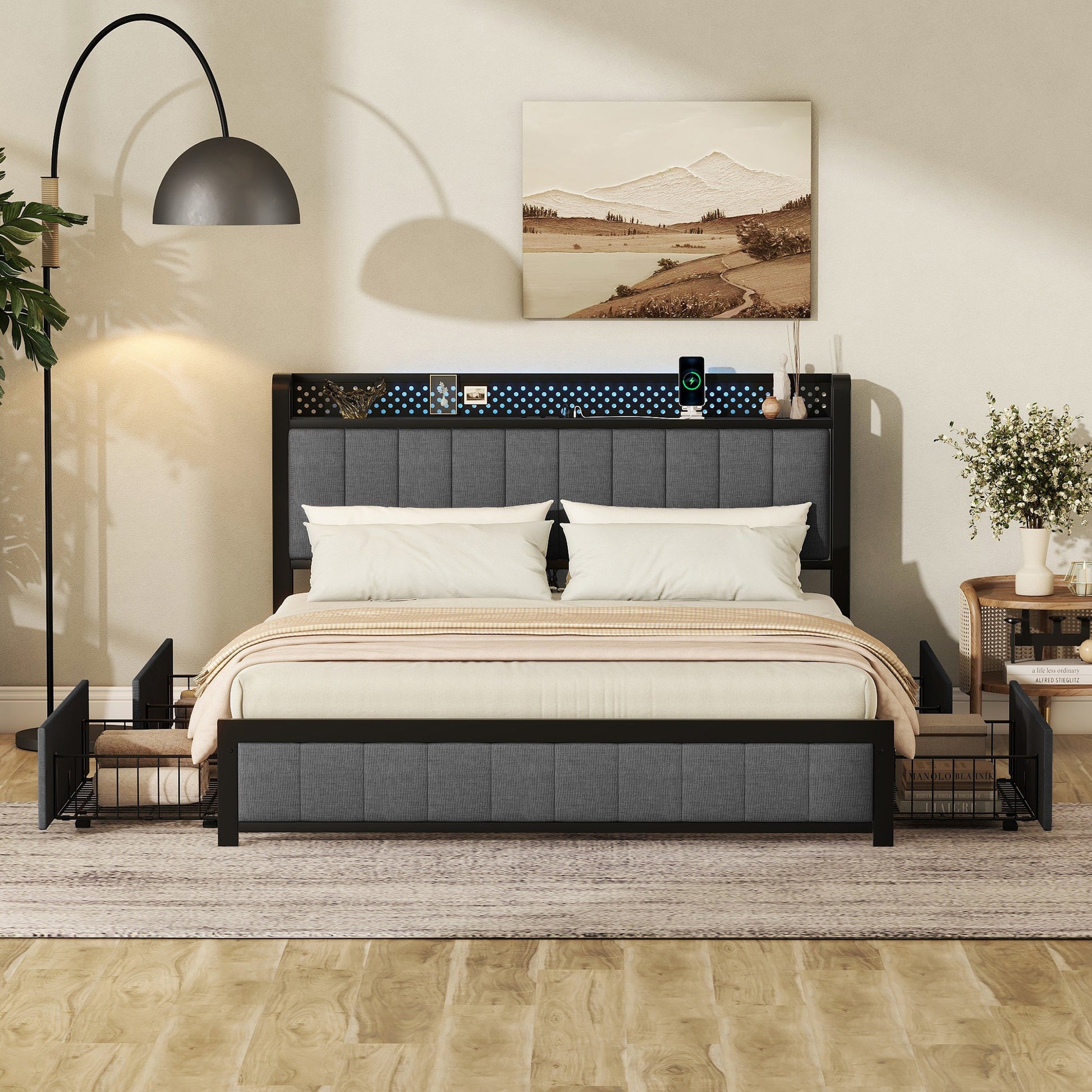 Queen Bed Frame With Led Headboard, Upholstered Bed With 4 Storage Drawers And Usb Ports, Dark Grey Queen Dark Gray Linen