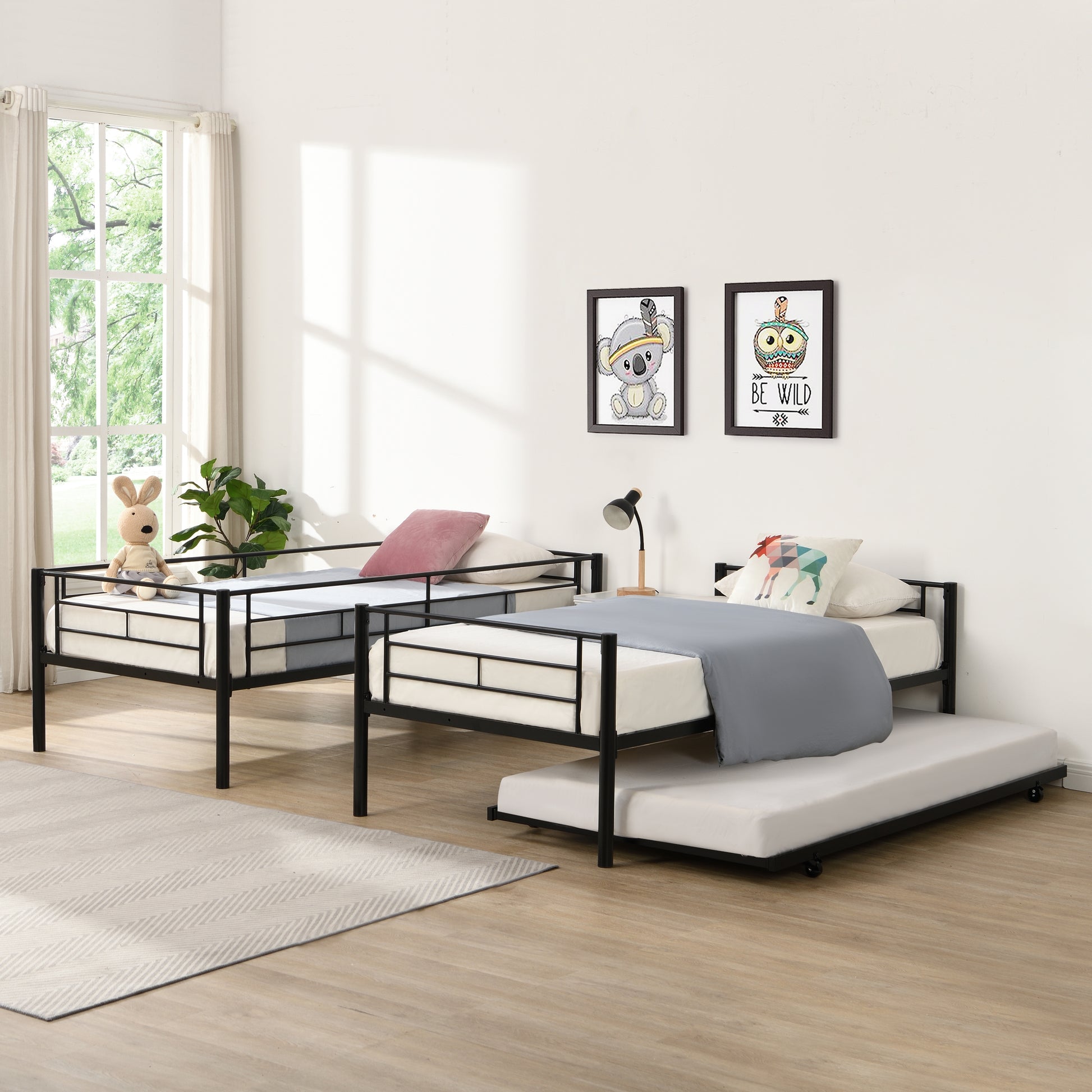 Over Twin Bunk Bed Frame With Trundle,Metal Bunkbed With Sturdy Guard Rail And 2 Sideladders For Kids Adults,Can Be Divided Into Two Beds, No Box Spring Needed, Noise Free For Dorm,Black Box Spring