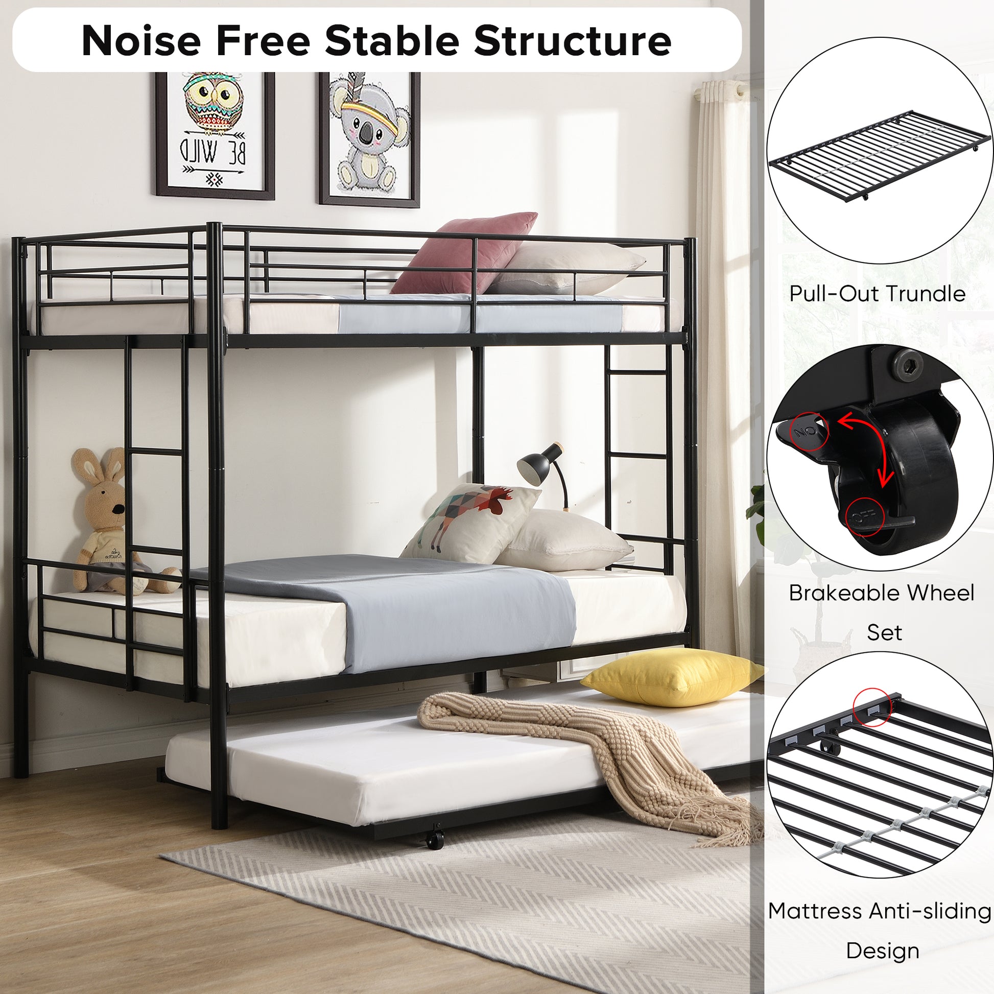 Over Twin Bunk Bed Frame With Trundle,Metal Bunkbed With Sturdy Guard Rail And 2 Sideladders For Kids Adults,Can Be Divided Into Two Beds, No Box Spring Needed, Noise Free For Dorm,Black Box Spring