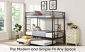 Over Twin Bunk Bed Frame With Trundle,Metal Bunkbed With Sturdy Guard Rail And 2 Sideladders For Kids Adults,Can Be Divided Into Two Beds, No Box Spring Needed, Noise Free For Dorm,Black Box Spring