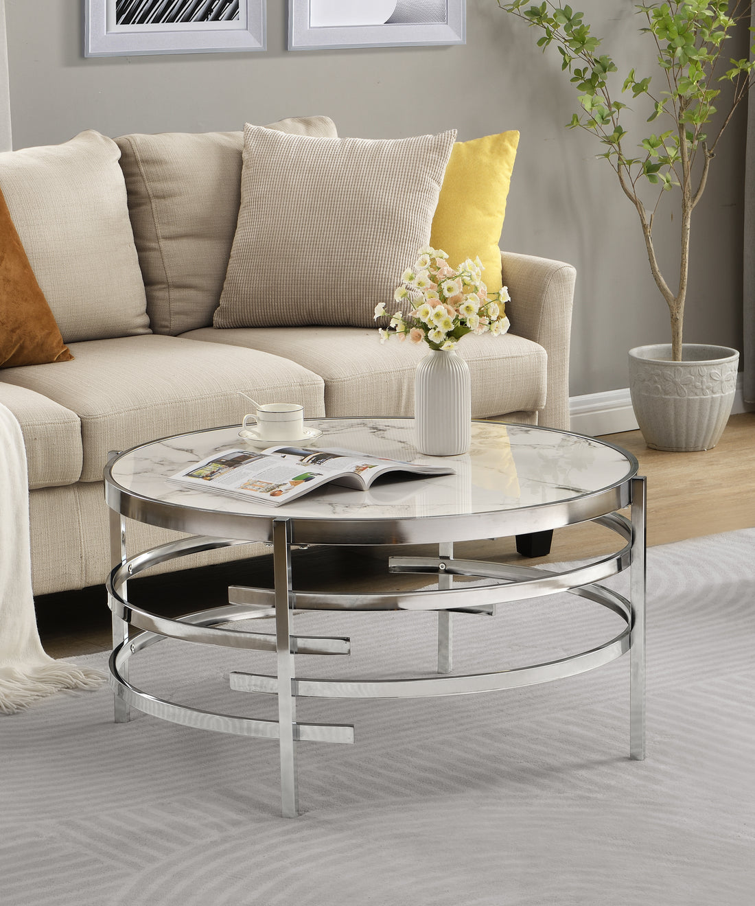 32.48'' Chrome Round Coffee Table With Sintered Stone Top&Sturdy Metal Frame, Modern Coffee Table For Living Room, Silver Silver Iron