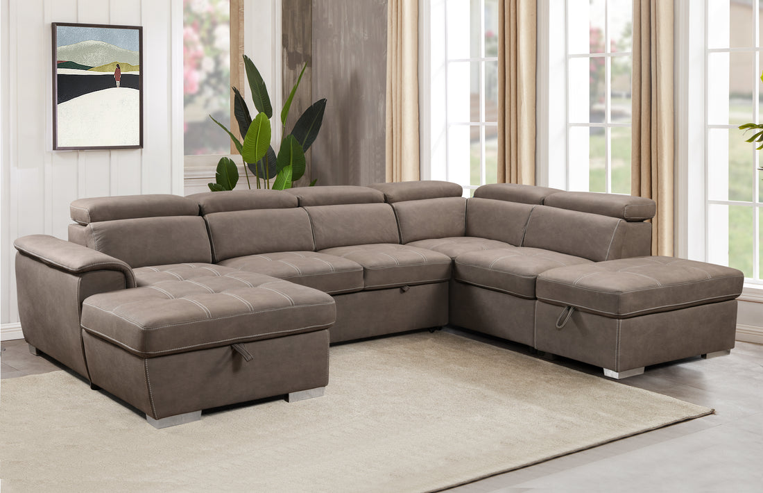 128"Sofa U Shaped Sectional Couch With Ottomans Reversible Modular Sofa 7 Seater Couch With Storage Seat,Living Room Furniture Sofa Sets With Adjustable Headrest, Brown Brown Microfiber Wood Primary Living Space Soft Modern Foam Upholstered 7 Seat