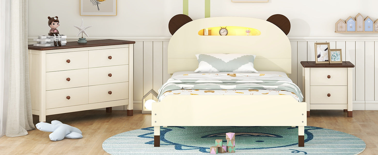 3 Pieces Bedroom Sets Twin Size Bear Shape Platform Bed With Nightstand And Storage Dresser,Cream Walnut Cream Wood