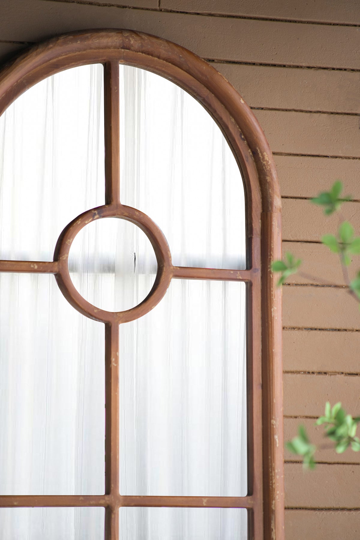 24X79" Half Round Elongated Mirror With Decorative Window Look Classic Architecture Style Solid Fir Wood Interior Decor Brown Wood Glass