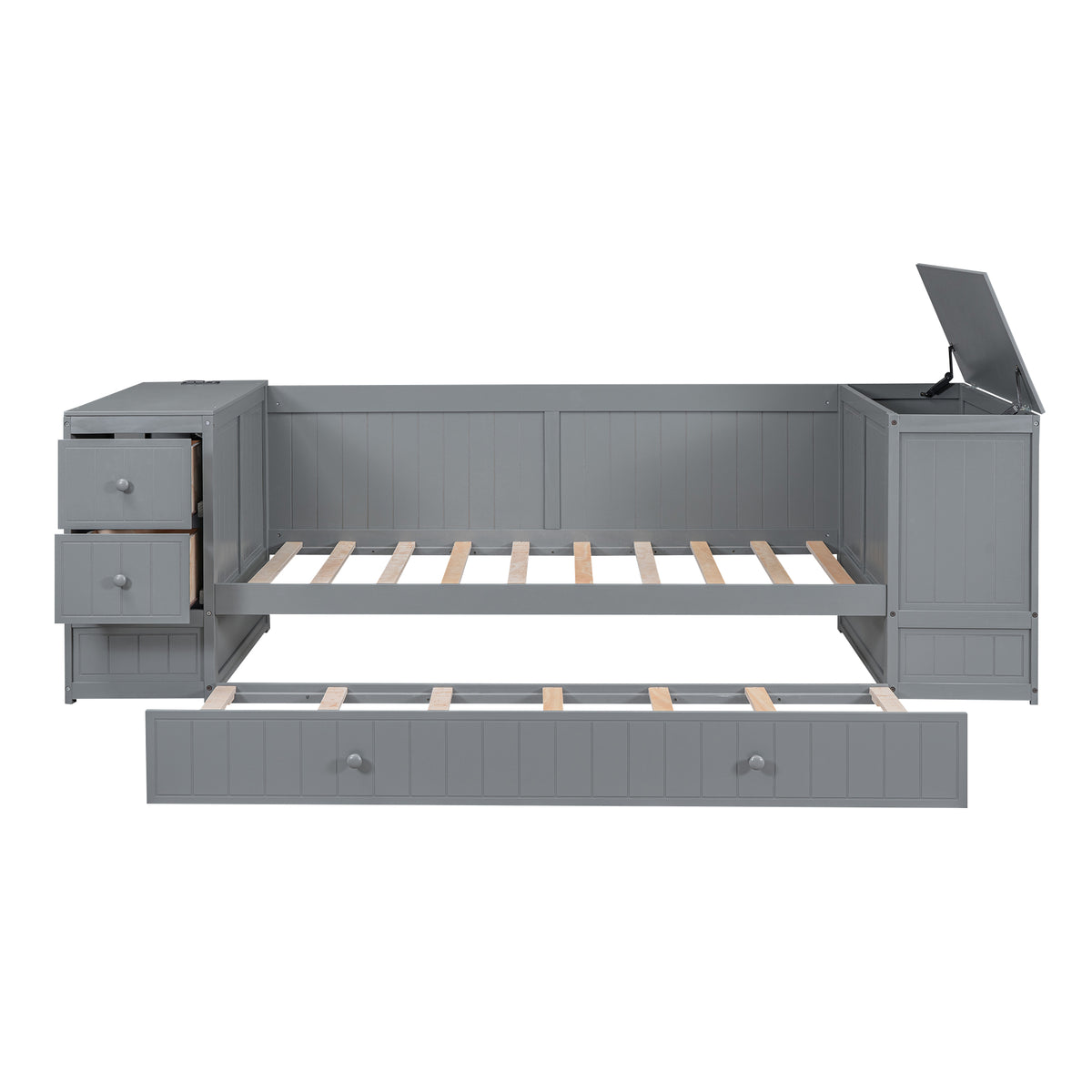 Twin Size Daybed With Storage Arms, Trundle And Charging Station, Gray Box Spring Not Required Twin Grey Wood Daybeds Solid Wood Mdf