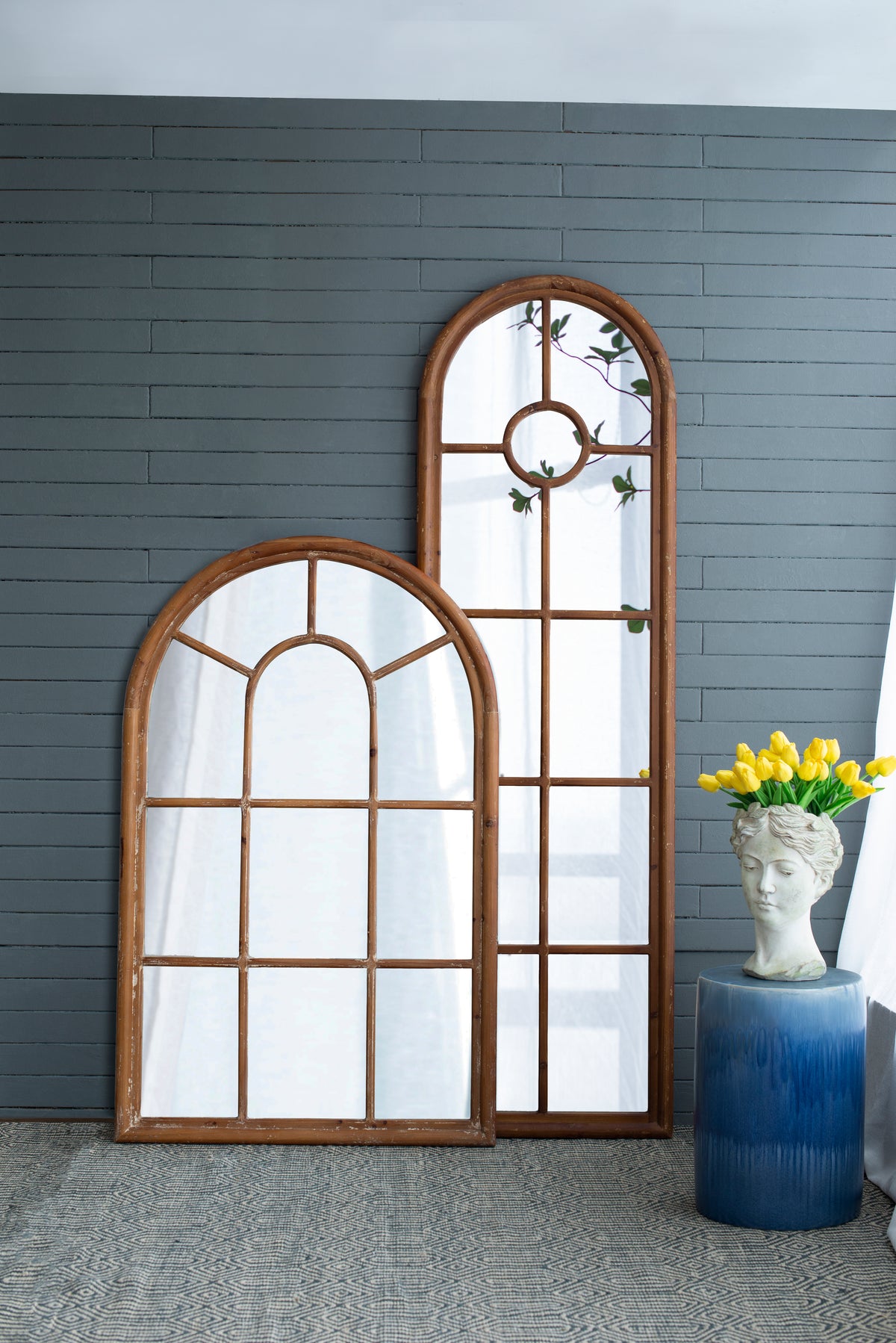 24X79" Half Round Elongated Mirror With Decorative Window Look Classic Architecture Style Solid Fir Wood Interior Decor Brown Wood Glass