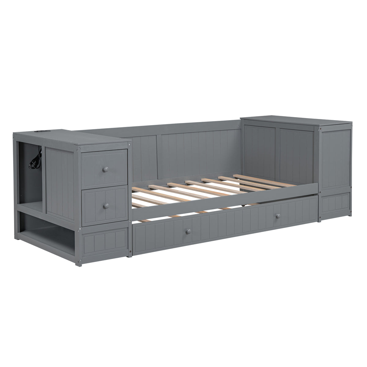 Twin Size Daybed With Storage Arms, Trundle And Charging Station, Gray Box Spring Not Required Twin Grey Wood Daybeds Solid Wood Mdf