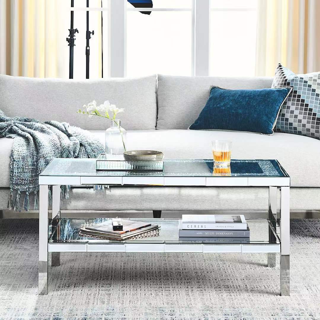 W 39.5" X D 19.5"X H 19.5" 2 Layer Crystal Mirror Stainless Steel Frame Coffee Table For Use In Offices, Shops, Living Rooms, Or Bedrooms Keyboard Tray Office Silver Computer Desk American Design Manual Freestanding Rectangular Open Storage Coffee & End
