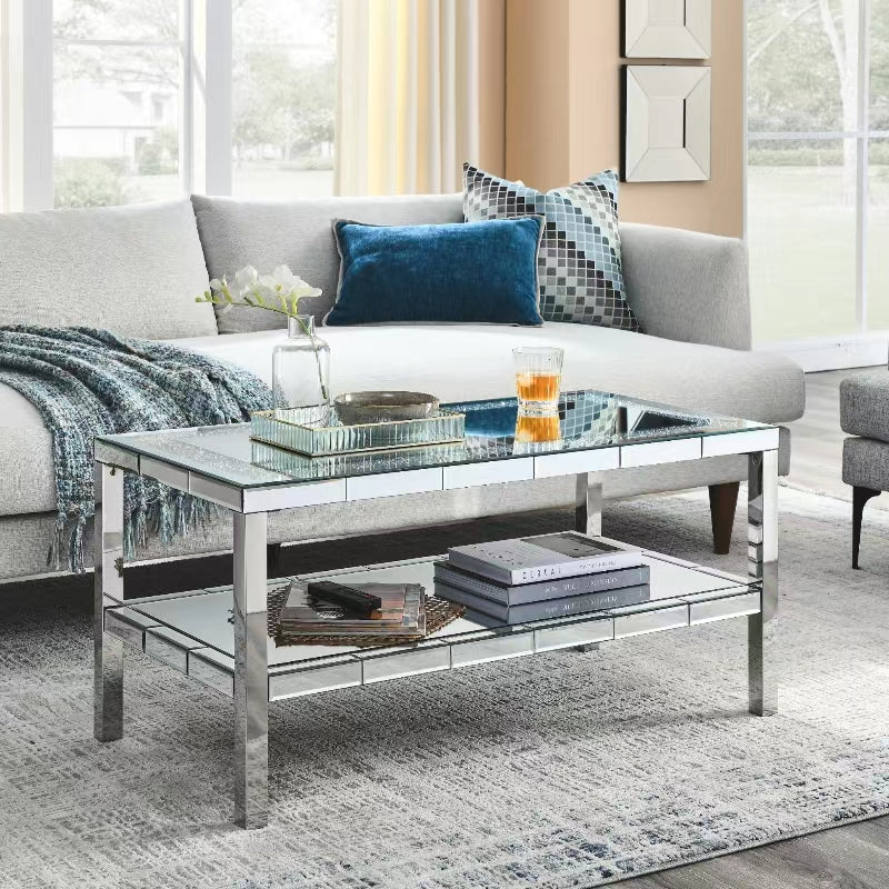 W 39.5" X D 19.5"X H 19.5" 2 Layer Crystal Mirror Stainless Steel Frame Coffee Table For Use In Offices, Shops, Living Rooms, Or Bedrooms Keyboard Tray Office Silver Computer Desk American Design Manual Freestanding Rectangular Open Storage Coffee & End