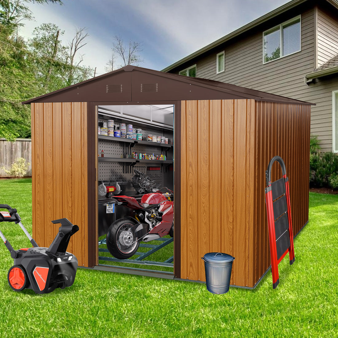 8Ft X 10Ft Outdoor Metal Storage Shed With Metal Floor Base,Coffee Coffee Iron
