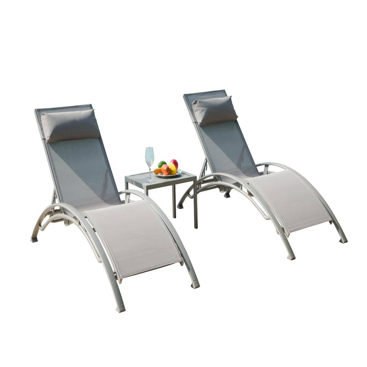 Pool Lounge Chairs Set Of 3, Adjustable Aluminum Outdoor Chaise Lounge Chairs With Metal Side Table, All Weather For Deck Lawn Poolside Backyard Grey,2 Lounge Chairs 1 Table Gray Aluminium