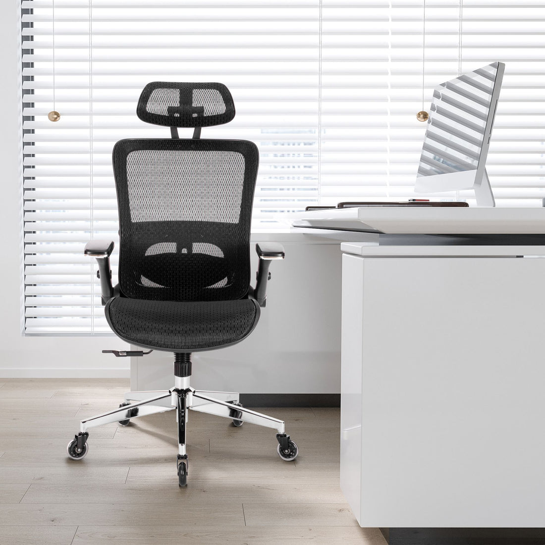 Black Ergonomic Mesh Office Chair, High Back Adjustable Headrest With Flip Up Arms, Tilt And Lock Function, Lumbar Support And Blade Wheels, Kd Chrome Metal Legs Black Office American Design Office