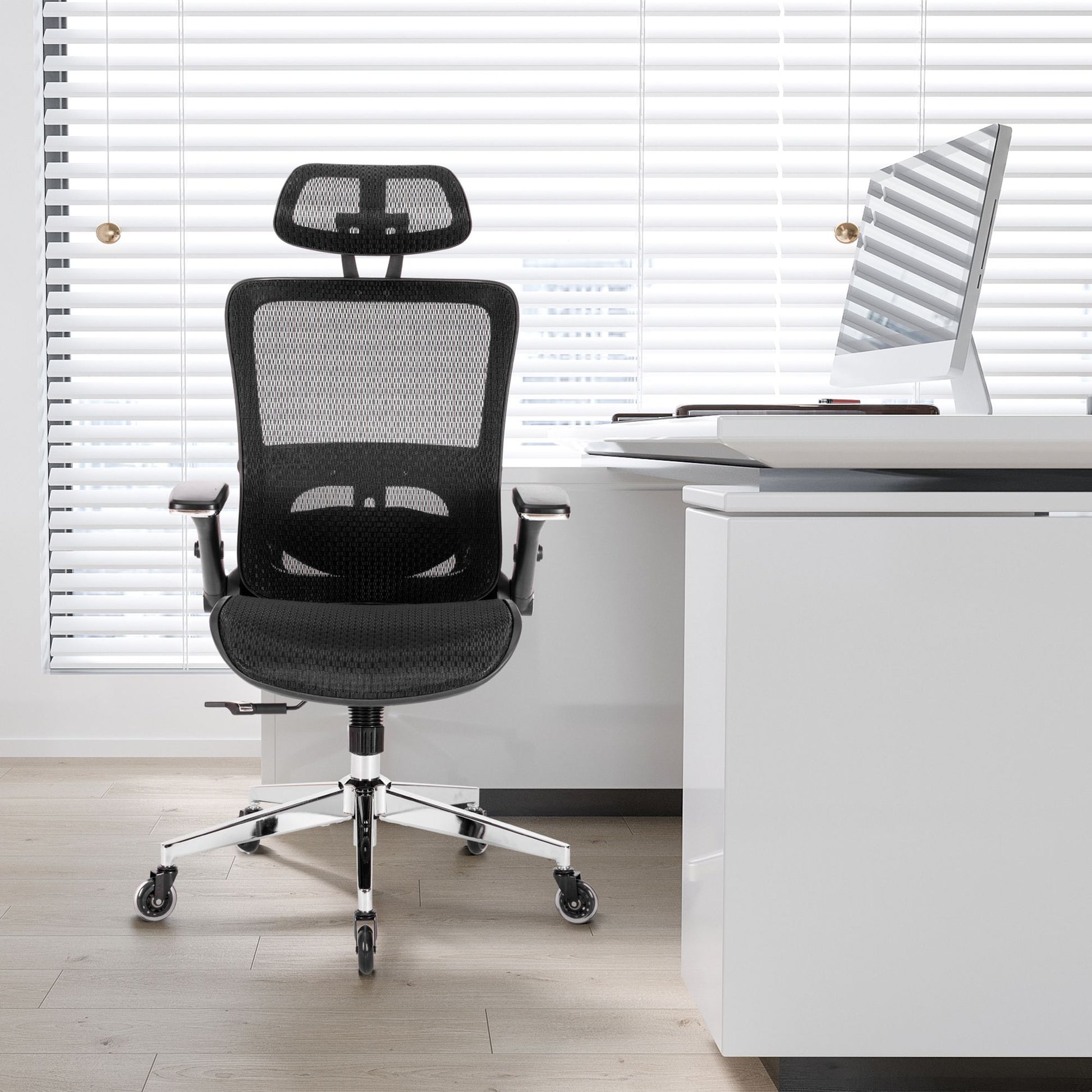 Black Ergonomic Mesh Office Chair, High Back Adjustable Headrest With Flip Up Arms, Tilt And Lock Function, Lumbar Support And Blade Wheels, Kd Chrome Metal Legs Black Office American Design Office