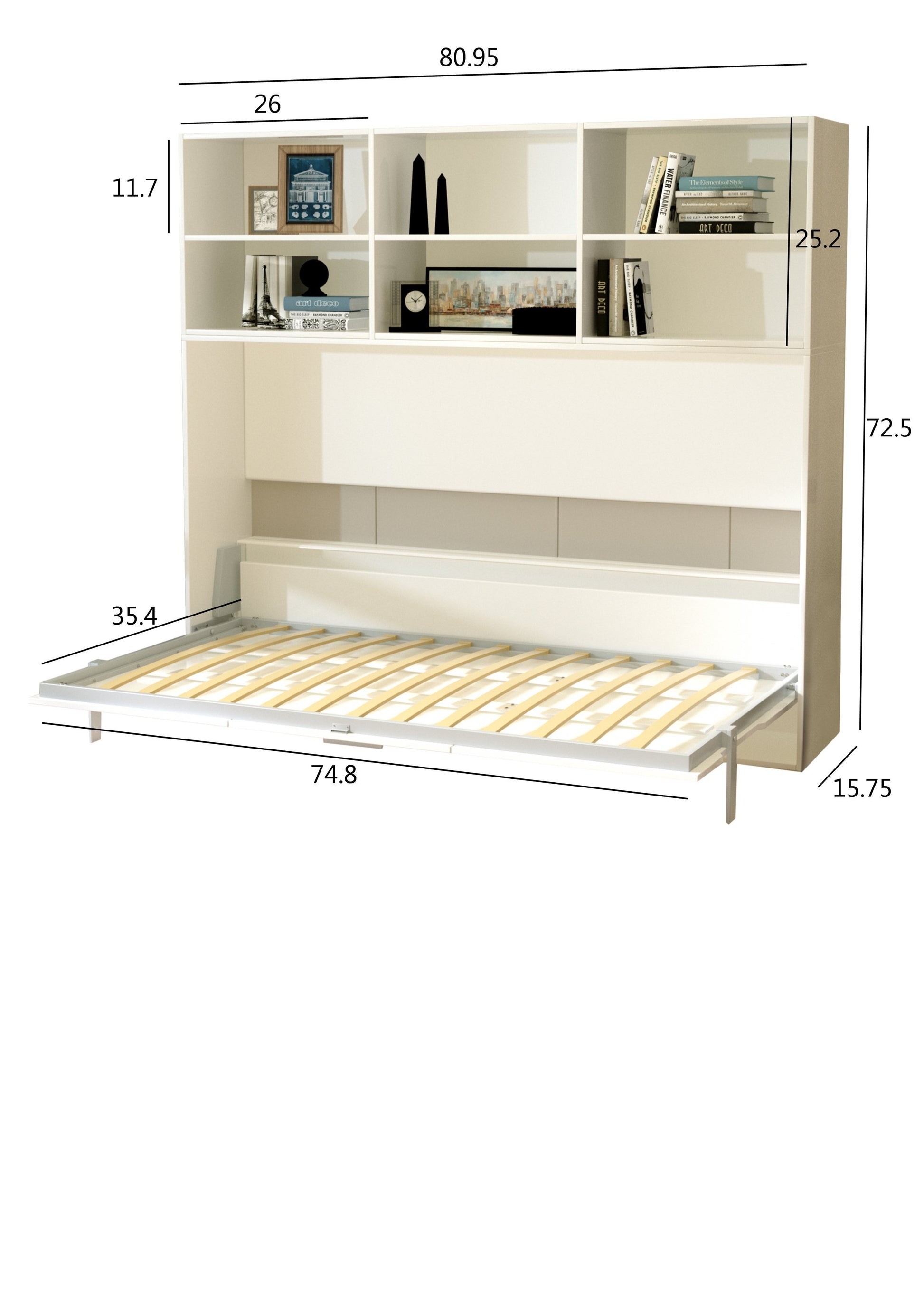 Mordern Design Twin Size Horizontal Murphy Bed With Shelf Storage For Bedroom Or Guestroom White Wall Bed Space Saving Hidden Bed With Style Gas Struts Box Spring Not Required Twin White Metal White Bedroom American Design,Cute,European,Modern Murphy