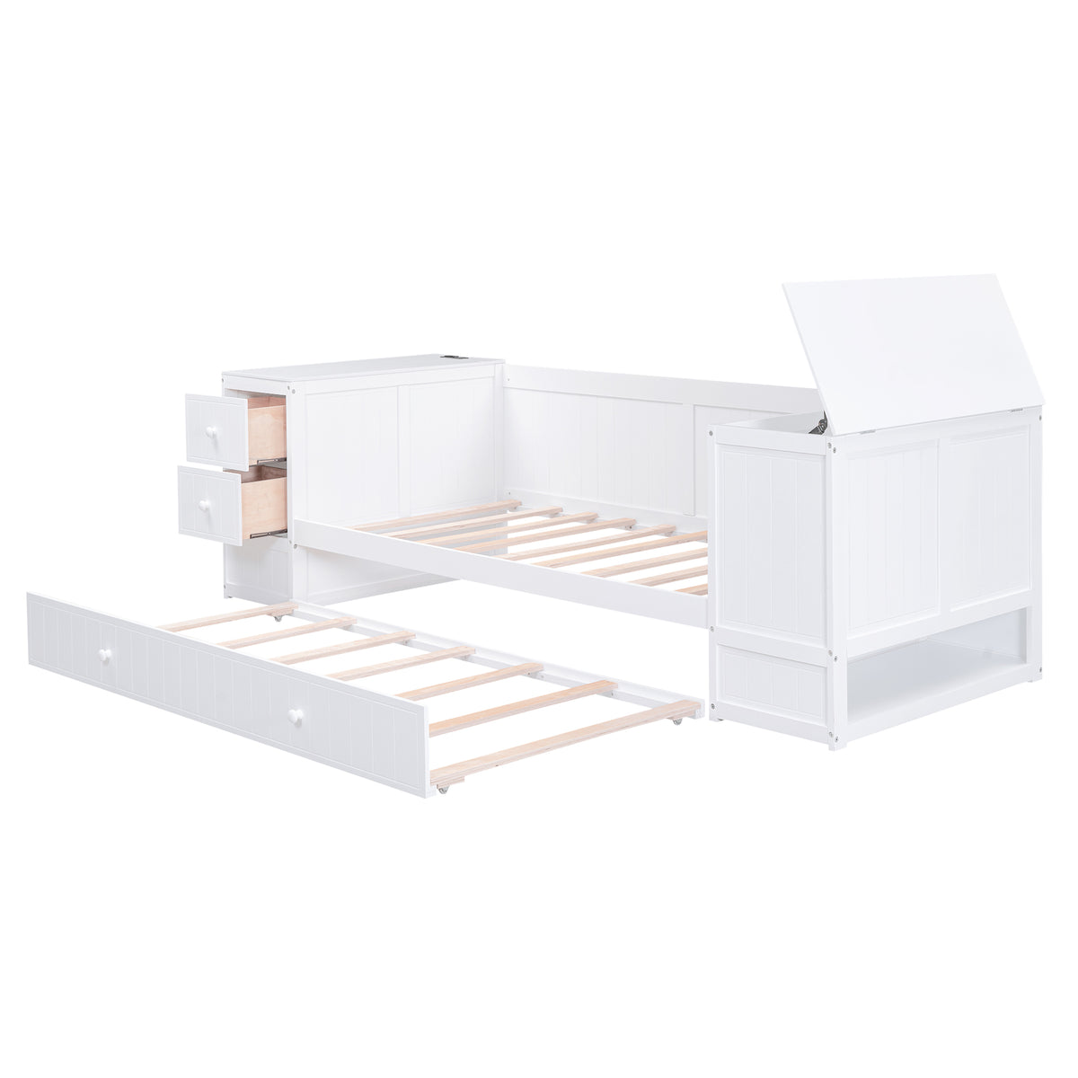 Twin Size Daybed With Storage Arms, Trundle And Charging Station, White Box Spring Not Required Twin White Wood Daybeds Solid Wood Mdf