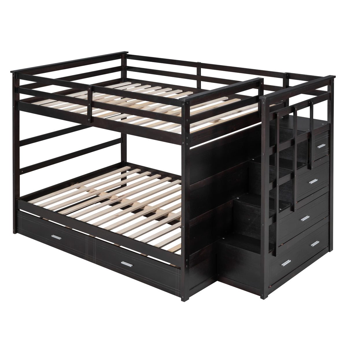 Full Over Full Bunk Bed With Twin Size Trundle And Staircase, Espresso Espresso Solid Wood