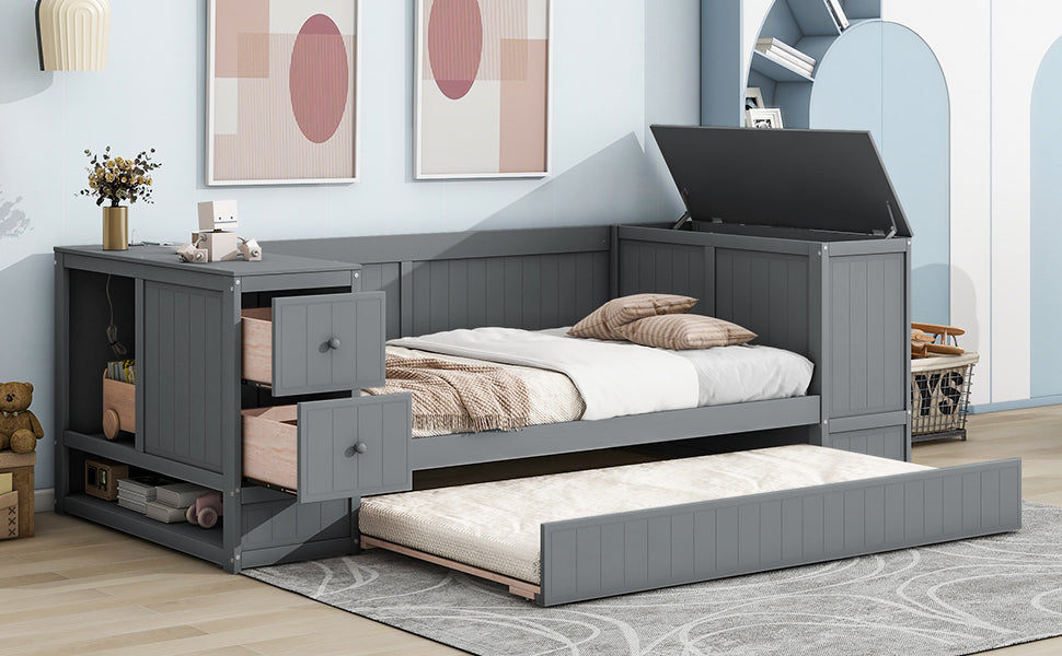 Twin Size Daybed With Storage Arms, Trundle And Charging Station, Gray Box Spring Not Required Twin Grey Wood Daybeds Solid Wood Mdf