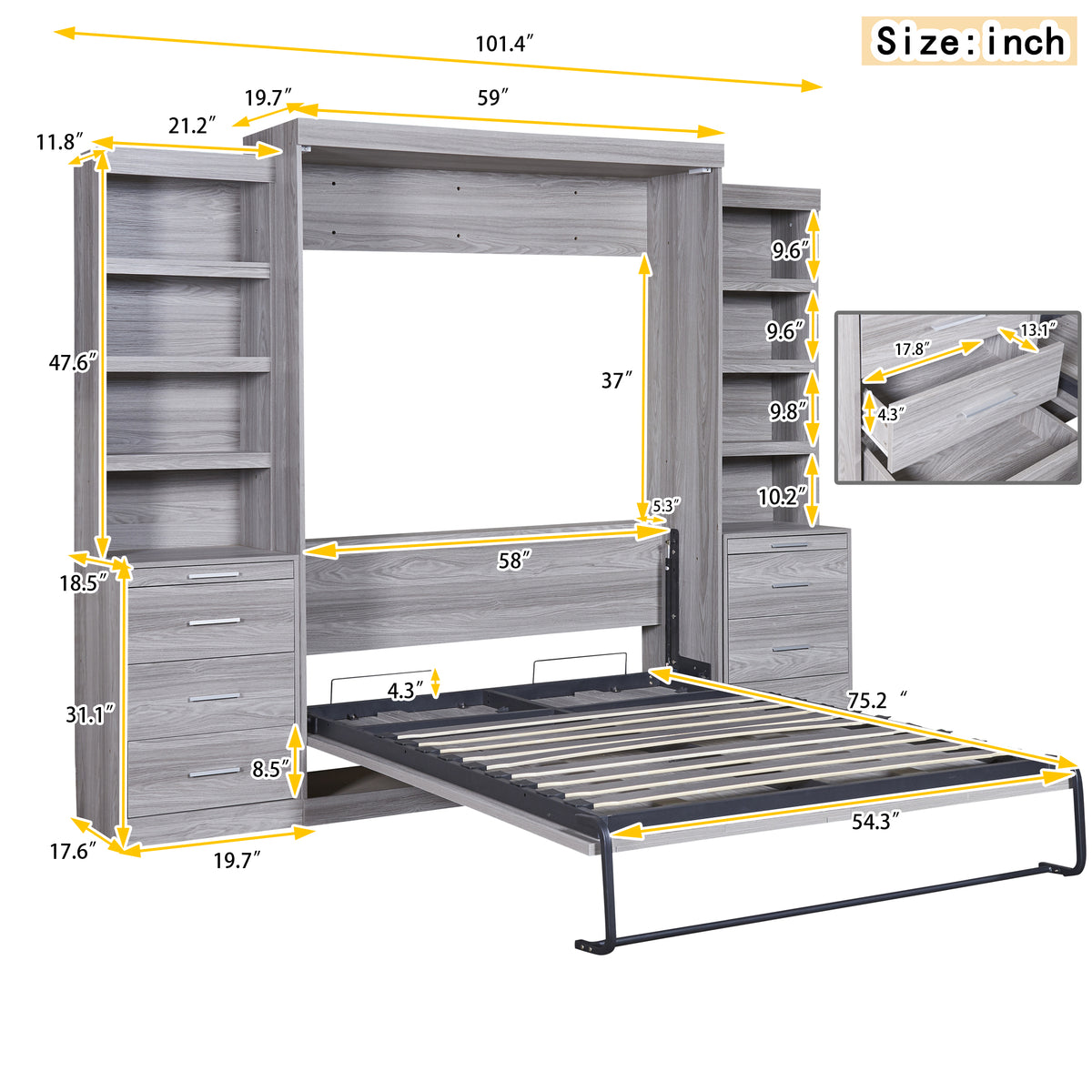 Full Size Murphy Bed With Storage Shelves And Drawers, Gray Box Spring Not Required Full Gray Murphy Solid Wood Mdf