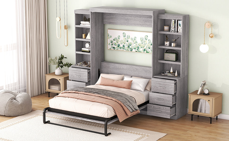 Full Size Murphy Bed With Storage Shelves And Drawers, Gray Box Spring Not Required Full Gray Murphy Solid Wood Mdf
